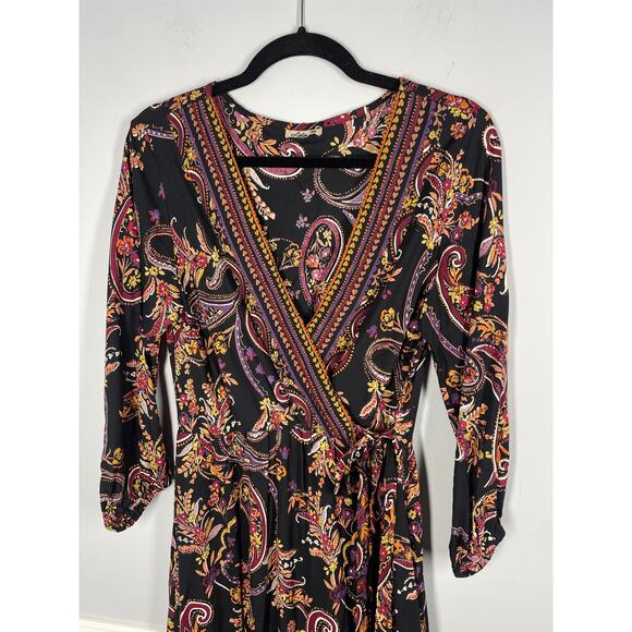 Lola B, Size Small, Brown & Orange Boho Maxi Dress, Paisley, Wrap, Crochet Trim - Picture 2 of 6